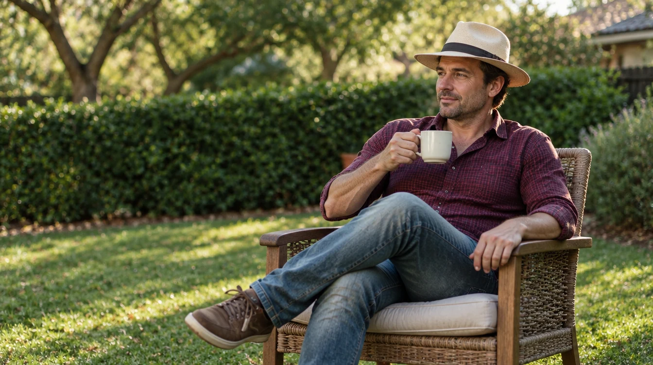 Man relaxing with coffee in his backyard